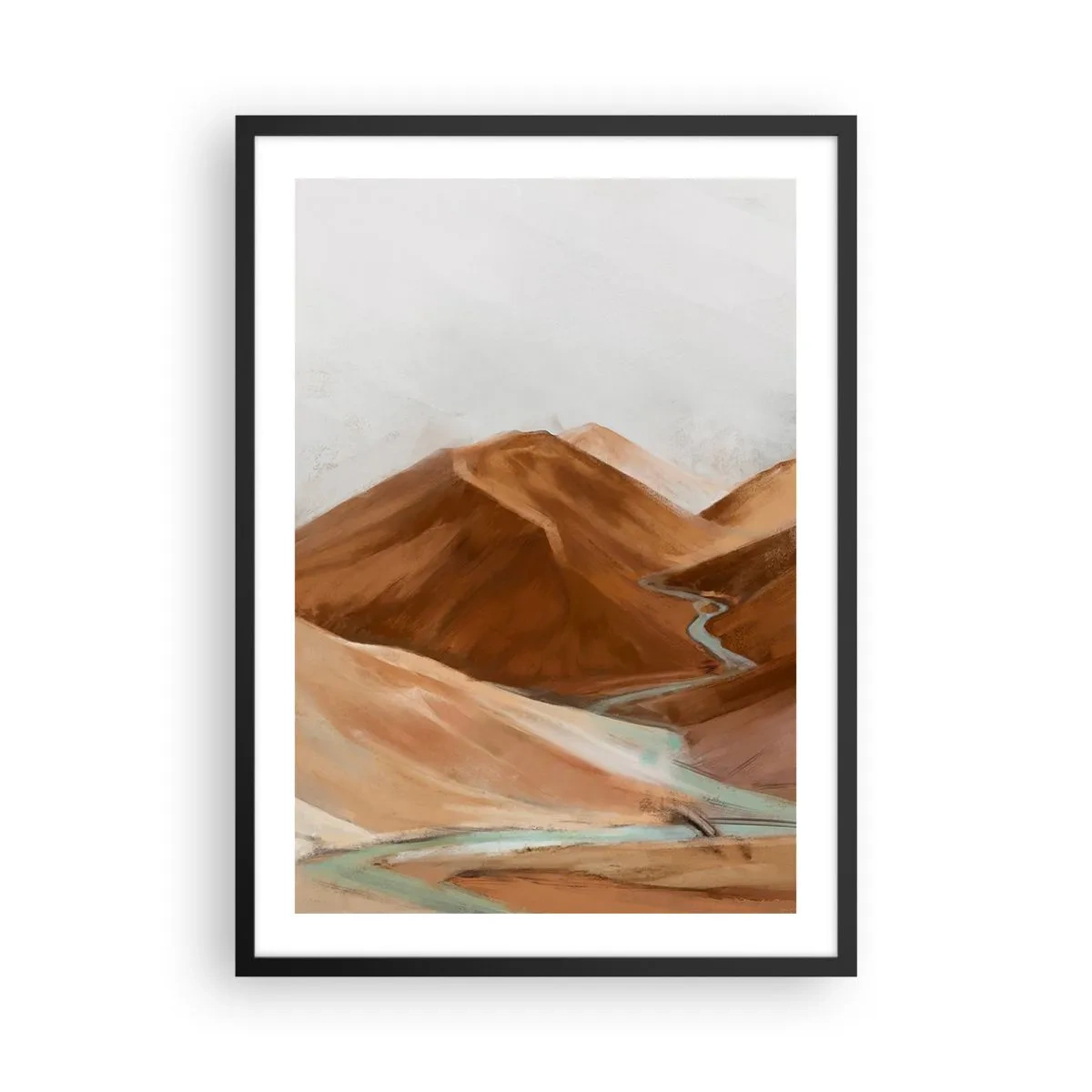 Affiche dans un cadre noir - Poster - Une rivière qui coule à travers des montagnes brunes, un paysage stylisé - 50x70cm - A la source - Décoration murale moderne pour le salon et la chambre ARTTOR