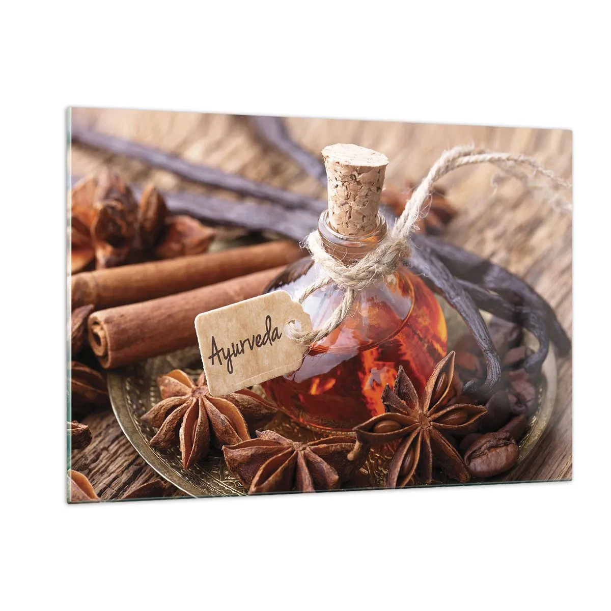 Impression sur verre - Image sur verre - Bouteille d'huile et d'épices de style ayurvédique - 120x80cm - Vers l'unité du corps et de l'esprit - Décoration murale moderne pour le salon et la chambre ARTTOR
