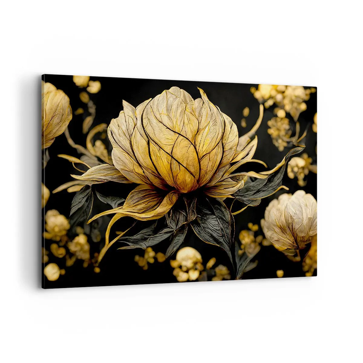 Impression sur toile - Image sur toile - Fleur dorée sur fond sombre - 100x70cm - Fragilité subtile - Décoration murale moderne pour le salon et la chambre ARTTOR