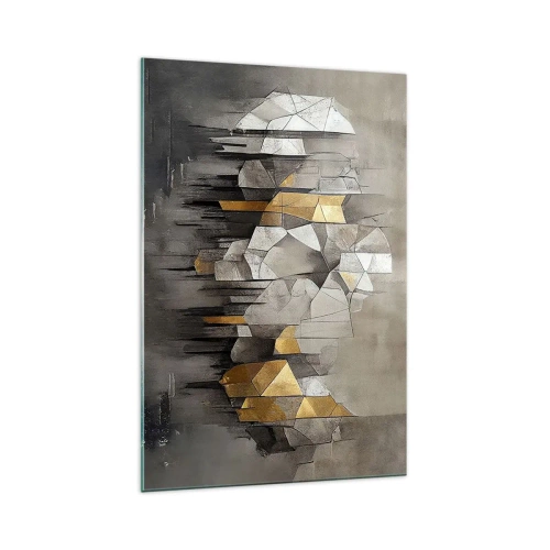 Impression sur verre - Image sur verre - Abstraction géométrique dans les tons d'or et de gris - 70x100cm - Composition de glace et de lumière - Décoration murale moderne pour le salon et la chambre ARTTOR