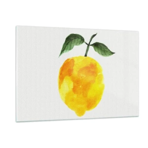 Impression sur verre - Image sur verre - Citron aquarelle avec des feuilles vertes - 120x80cm - Comment reconnaitre le goût du soleil - Décoration murale moderne pour le salon et la chambre ARTTOR