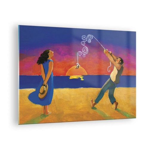 Impression sur verre - Image sur verre - Résumé coloré d'un couple sur la plage au coucher du soleil - 70x50cm - Plus qu'une étoile dans le ciel - Décoration murale moderne pour le salon et la chambre ARTTOR
