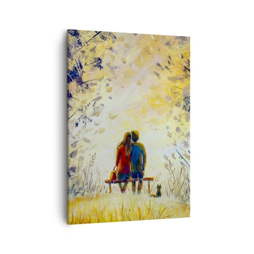 Impression sur toile - Image sur toile - Un couple assis sur un banc parmi les arbres d'automne au soleil - 50x70cm - Moment magique - Décoration murale moderne pour le salon et la chambre ARTTOR