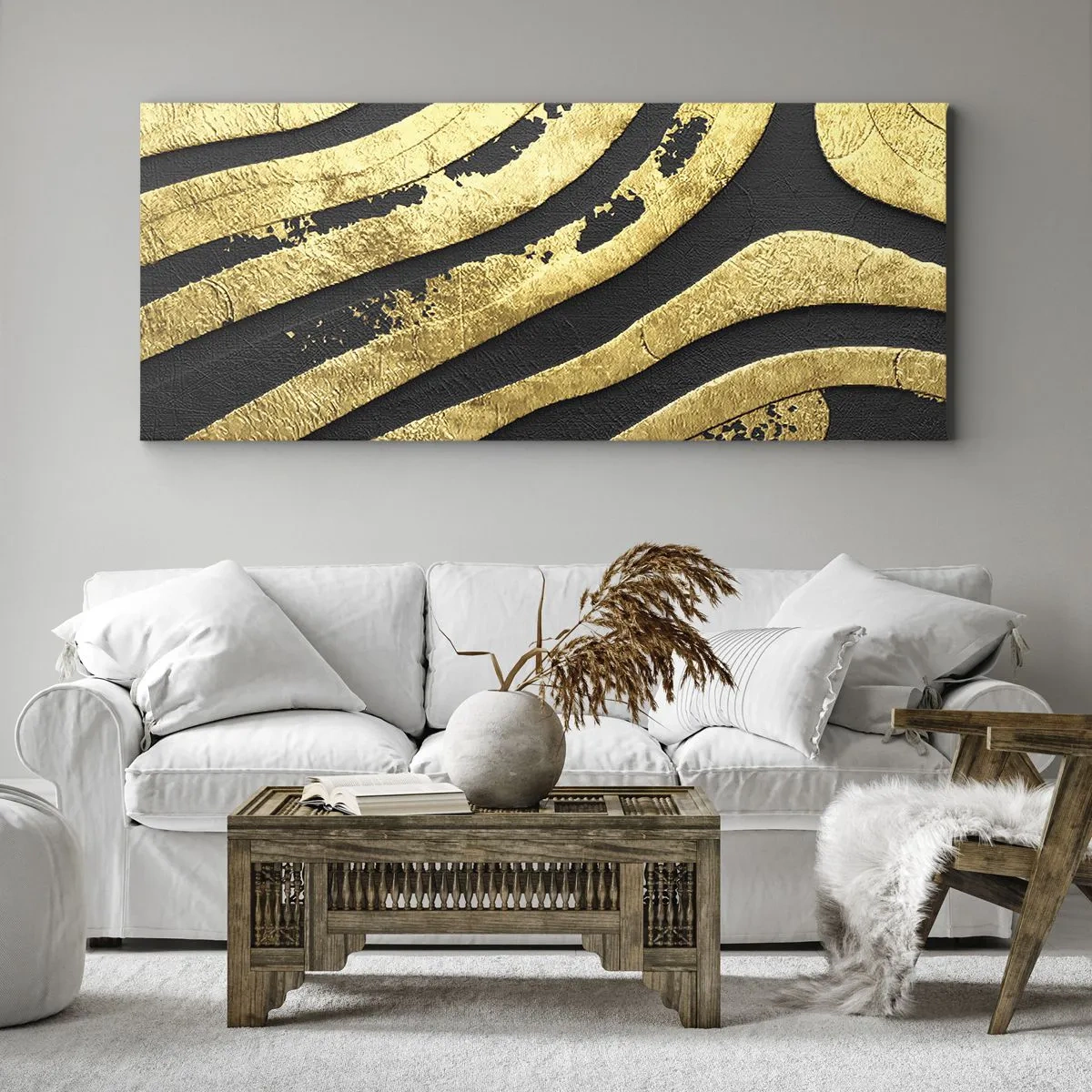 Impression sur toile - Image sur toile - Vagues abstraites dorées sur fond noir - 160x50cm - Tout coule - Décoration murale moderne pour le salon et la chambre ARTTOR