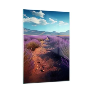 Impression sur verre - Image sur verre - Champs de lavande au coucher du soleil avec vue sur les montagnes - 50x70cm - Champs parfumés - Décoration murale moderne pour le salon et la chambre ARTTOR