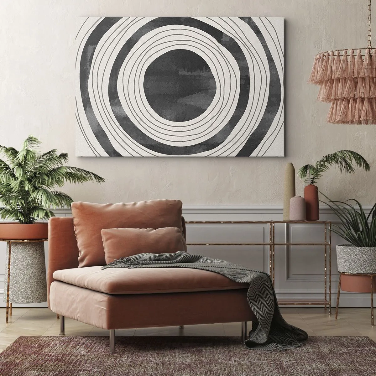 Impression sur toile - Image sur toile - Cercles concentriques noirs et blancs sur fond clair - 70x50cm - Droit au but - Décoration murale moderne pour le salon et la chambre ARTTOR