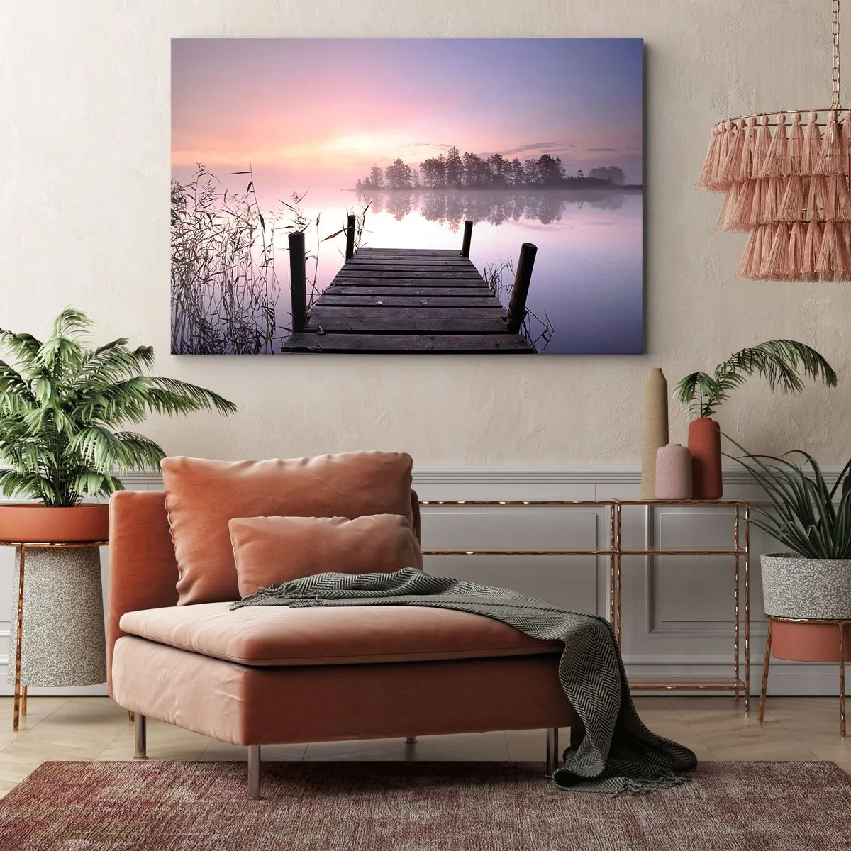 Impression sur toile - Image sur toile - Une jetée au bord du lac à l'aube avec du brouillard et un ciel pastel - 120x80cm - De la brume lilas… - Décoration murale moderne pour le salon et la chambre ARTTOR