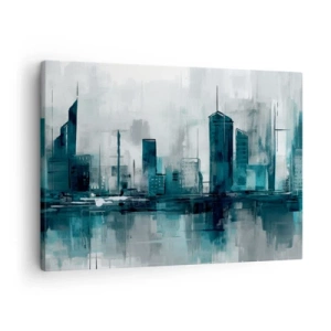 Impression sur toile - Image sur toile - Une ville moderne aux tons turquoise et gris - 70x50cm - Une ville couleur de pluie - Décoration murale moderne pour le salon et la chambre ARTTOR