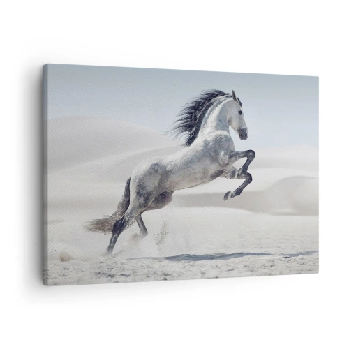 Impression sur toile - Image sur toile - Un cheval blanc galopant sur fond de dunes du désert - 70x50cm - Prince arabe - Décoration murale moderne pour le salon et la chambre ARTTOR