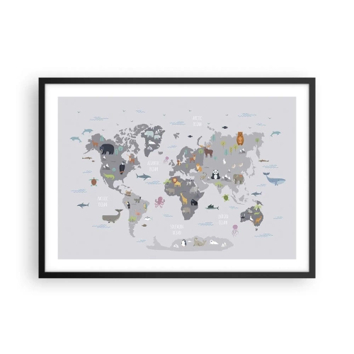 Affiche dans un cadre noir - Poster - Une carte du monde avec des illustrations d'animaux sur fond gris - 70x50cm - Dis-moi d'où tu viens... - Décoration murale moderne pour le salon et la chambre ARTTOR