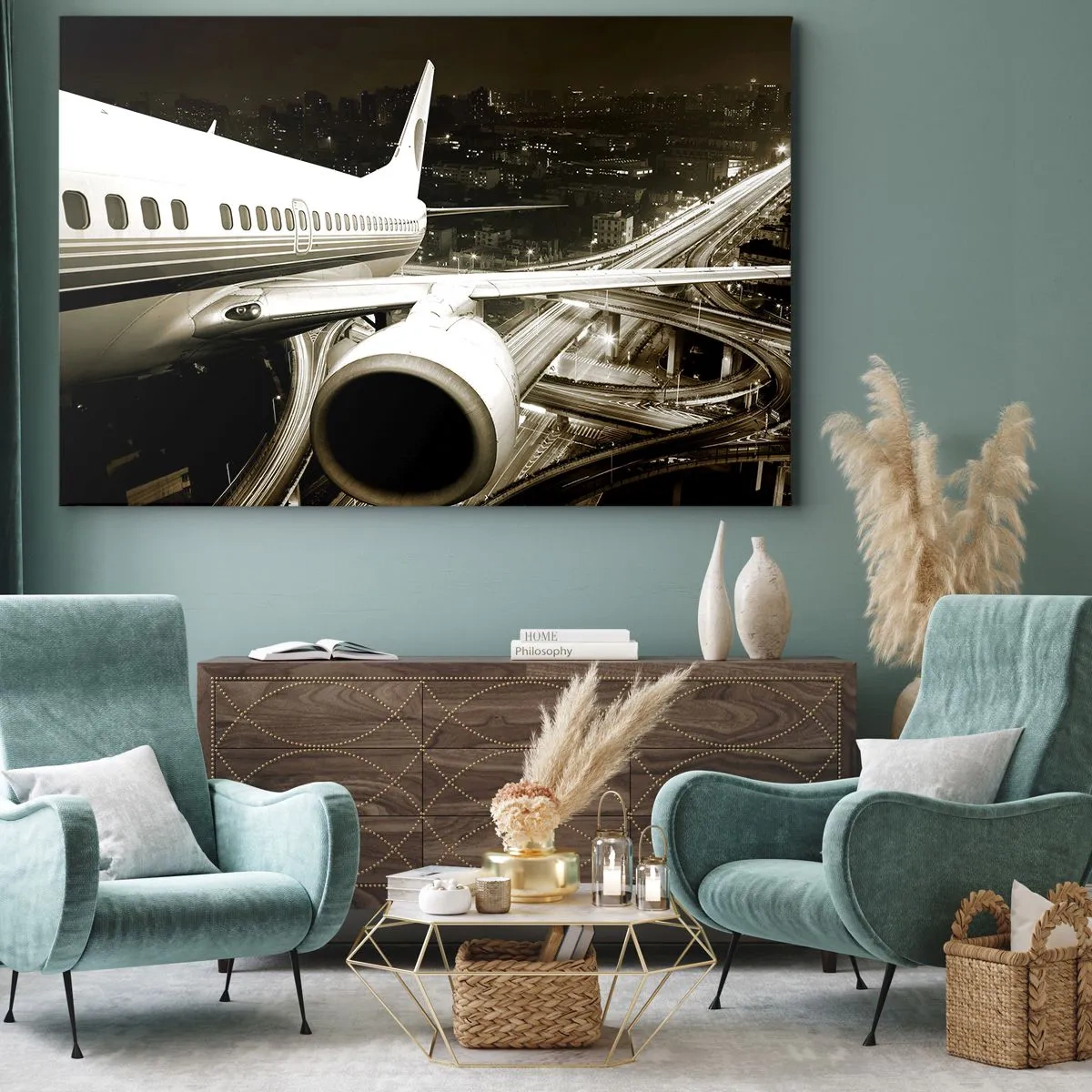 Impression sur toile - Image sur toile - Un avion au-dessus d'une ville nocturne avec des autoroutes illuminées - 100x70cm - Vole dans la nuit - Décoration murale moderne pour le salon et la chambre ARTTOR
