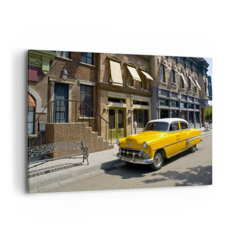 Impression sur toile - Image sur toile - Un taxi jaune dans une rue bordée d'immeubles - 120x80cm - Il y a longtemps en Amérique - Décoration murale moderne pour le salon et la chambre ARTTOR