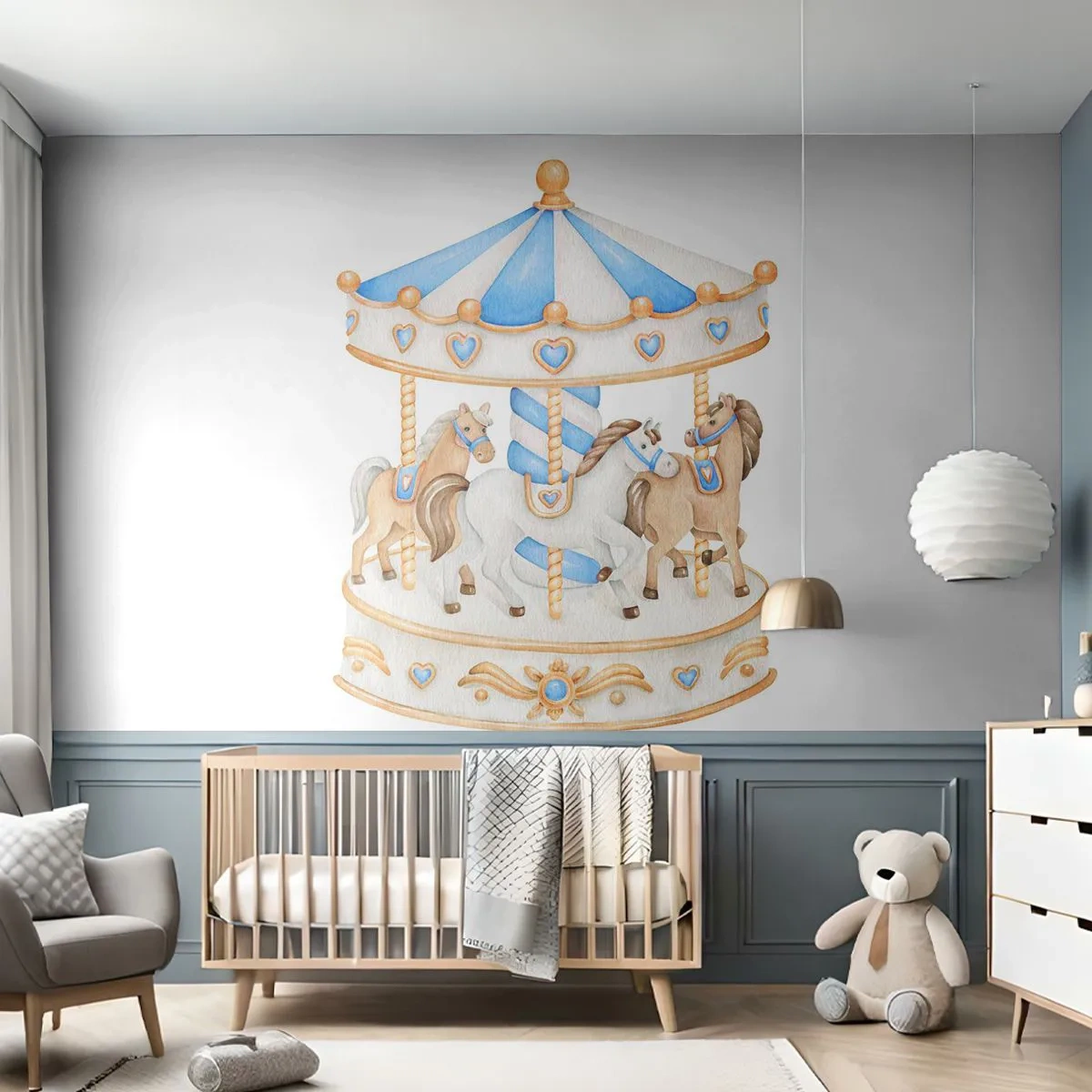 Papier Peint Photo Premium Canvas - Un carrousel aux couleurs pastel sur fond blanc - 100x70cm - Douce enfance - Décoration murale moderne pour le salon et la chambre ARTTOR