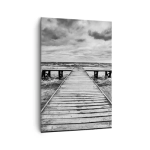 Impression sur toile - Image sur toile - Une vue en noir et blanc d'une jetée en bois sur une mer agitée. - 70x100cm - J'attends que le vent, ça le chassera... - Décoration murale moderne pour le salon et la chambre ARTTOR