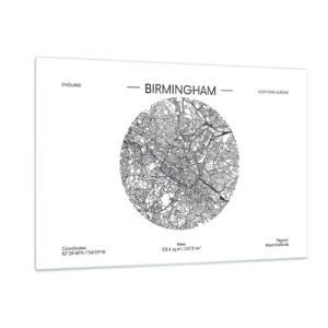 Impression sur verre - Image sur verre - Carte de Birmingham en noir et blanc dans un style graphique moderne - 120x80cm - Anatomie de Birmingham - Décoration murale moderne pour le salon et la chambre ARTTOR