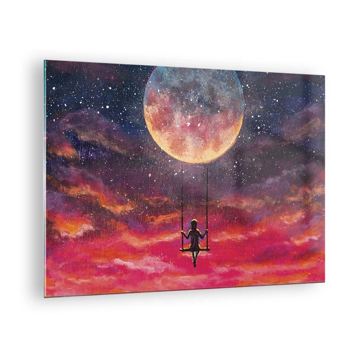 Impression sur verre - Image sur verre - Une fille sur une balançoire suspendue sous la lune - 70x50cm - Se balancer dans les nuages - Décoration murale moderne pour le salon et la chambre ARTTOR