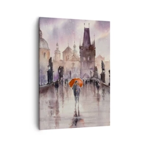 Impression sur toile - Image sur toile - Vue romantique d'un pont avec un parapluie sur fond de ville en soirée - 50x70cm - Les gens ne changent pas - Décoration murale moderne pour le salon et la chambre ARTTOR