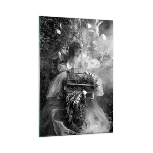 Impression sur verre - Image sur verre - Une composition en noir et blanc avec une figure en robe et une cage dans le brouillard. - 80x120cm - Tout simplement Mère Nature - Décoration murale moderne pour le salon et la chambre ARTTOR