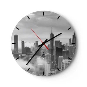 Horloge murale - Pendule murale - Panorama de la ville en noir et blanc avec des gratte-ciels et du brouillard - 30x30cm - Paysage américain - Décoration murale moderne pour le salon, la cuisine et la chambre ARTTOR