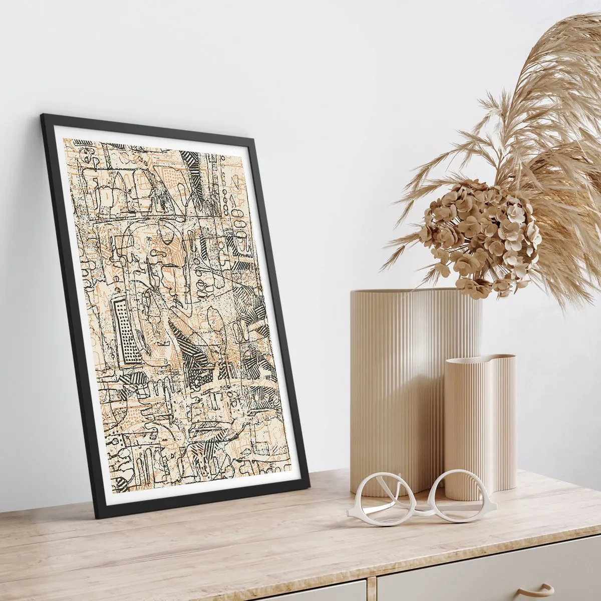 Affiche dans un cadre noir - Poster - Motif géométrique abstrait dans les tons beige et noir - 50x70cm - Il attend d'être décodé - Décoration murale moderne pour le salon et la chambre ARTTOR