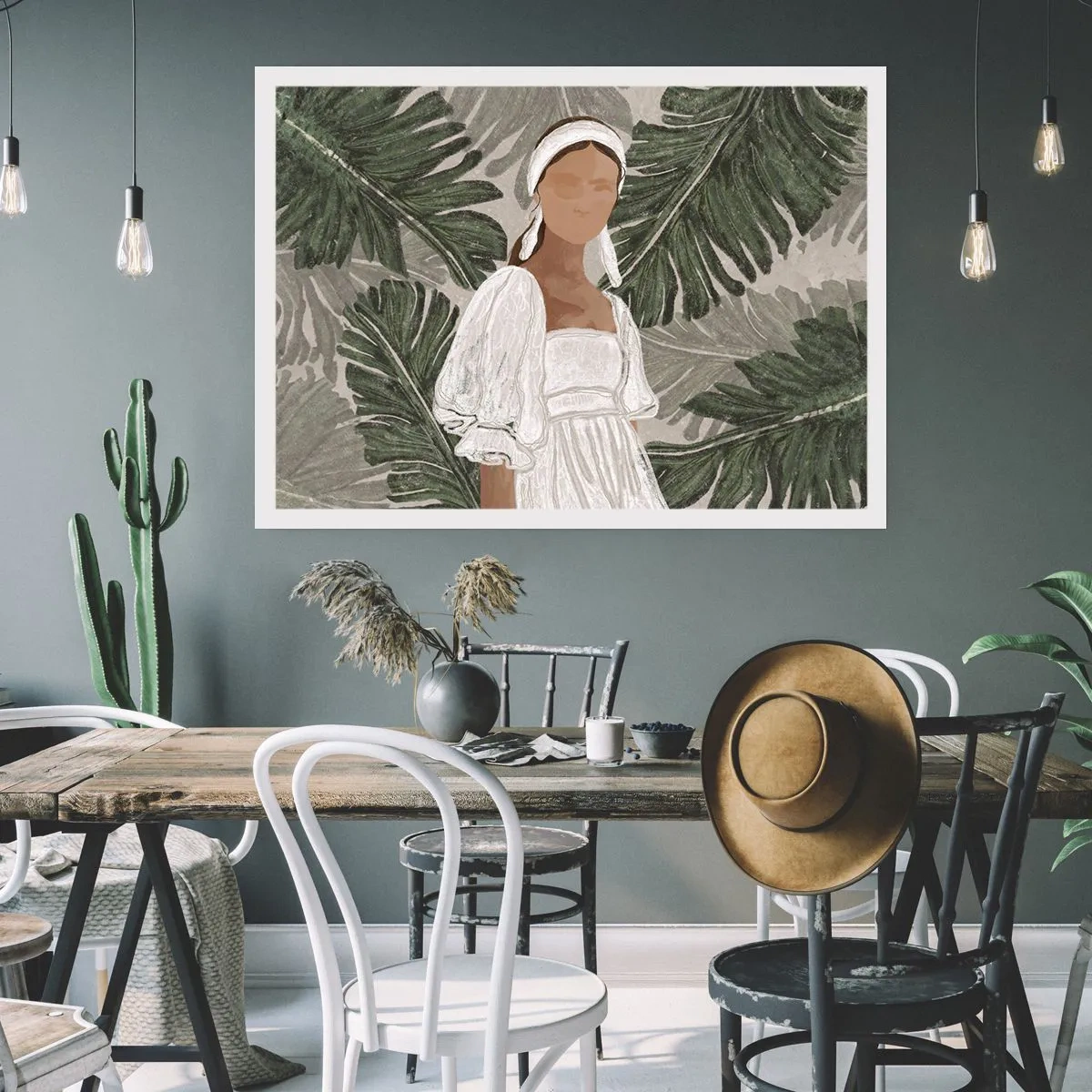 Affiche - Poster - Portrait d'une femme en robe blanche sur fond de feuilles de monstera - 100x70cm - Portrait exotique - Décoration murale moderne pour le salon et la chambre ARTTOR