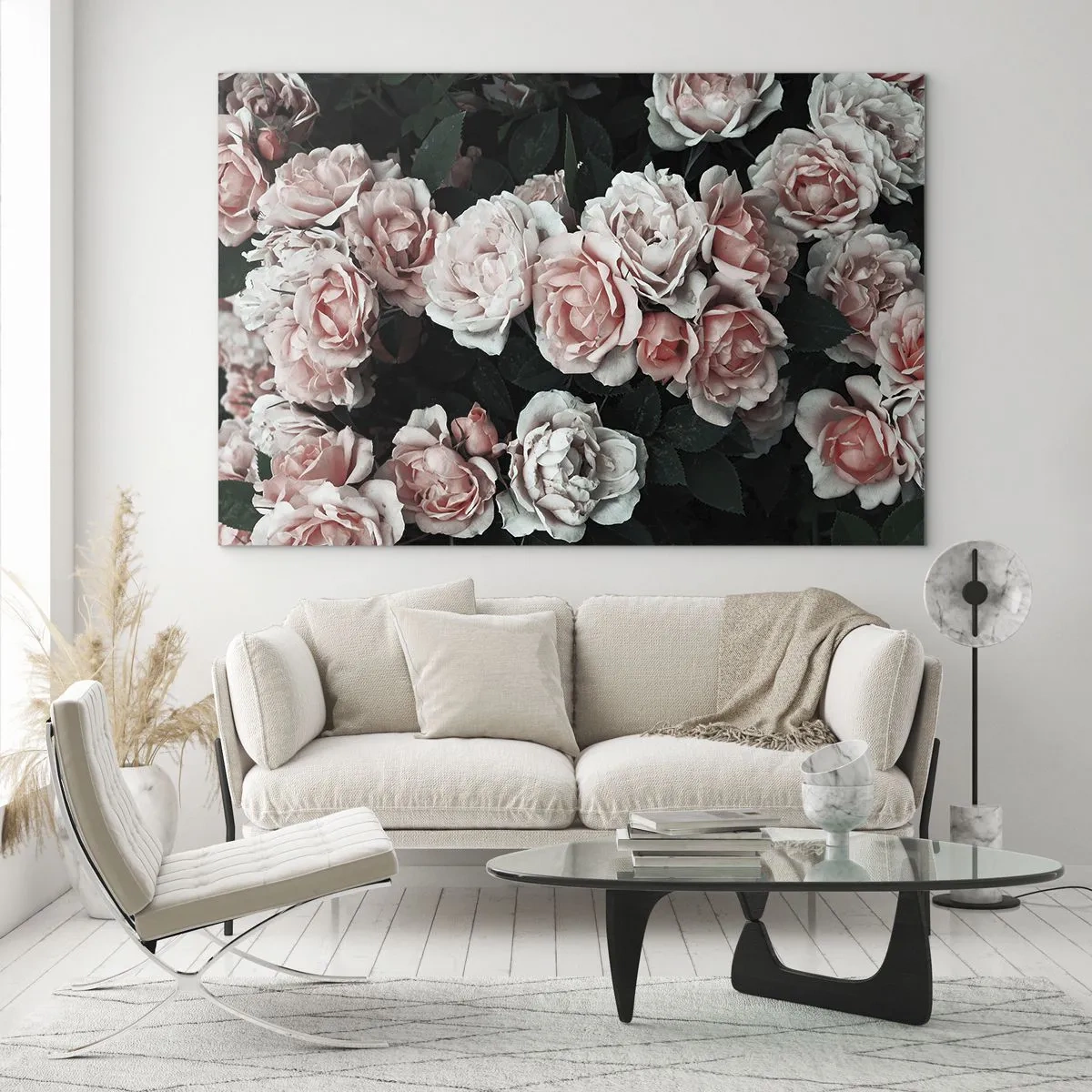 Impression sur verre - Image sur verre - Gros plan d'un bouquet de roses roses sur fond sombre - 70x50cm - Ensemble de rose - Décoration murale moderne pour le salon et la chambre ARTTOR
