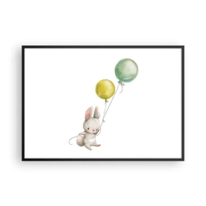 Affiche dans un cadre noir - Poster - Un lapin tenant des ballons aux couleurs pastel - 100x70cm - Moi aussi je vole! - Décoration murale moderne pour le salon et la chambre ARTTOR