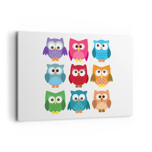 Impression sur toile - Image sur toile - Illustrations colorées de hiboux dans un style enfantin - 120x80cm - C'est amusant d'être différent - Décoration murale moderne pour le salon et la chambre ARTTOR