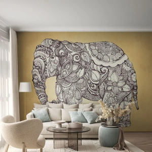 Papier Peint Photo Premium Canvas - Éléphant dessiné à la main avec un motif orné sur un fond beige - 100x70cm - L'éléphant s'est apprêté - Décoration murale moderne pour le salon et la chambre ARTTOR