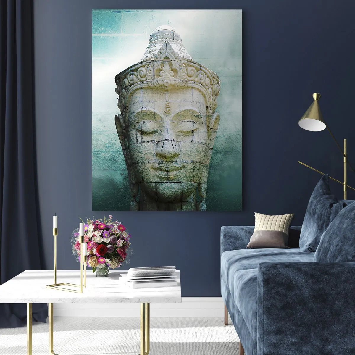 Impression sur verre - Image sur verre - Statue de Bouddha dans une atmosphère mystique - 50x70cm - A la recherche de la lumière - Décoration murale moderne pour le salon et la chambre ARTTOR