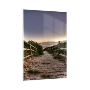 Impression sur verre - Image sur verre - Chemin en bois dans les dunes menant à la plage au coucher du soleil - 80x120cm - On voit déjà le but - Décoration murale moderne pour le salon et la chambre ARTTOR