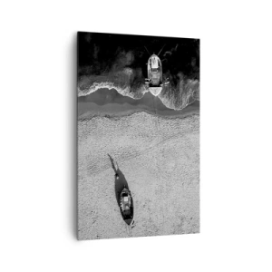 Impression sur toile - Image sur toile - Vue aérienne en noir et blanc de bateaux sur la plage - 80x120cm - Toujours sur le rivage… - Décoration murale moderne pour le salon et la chambre ARTTOR