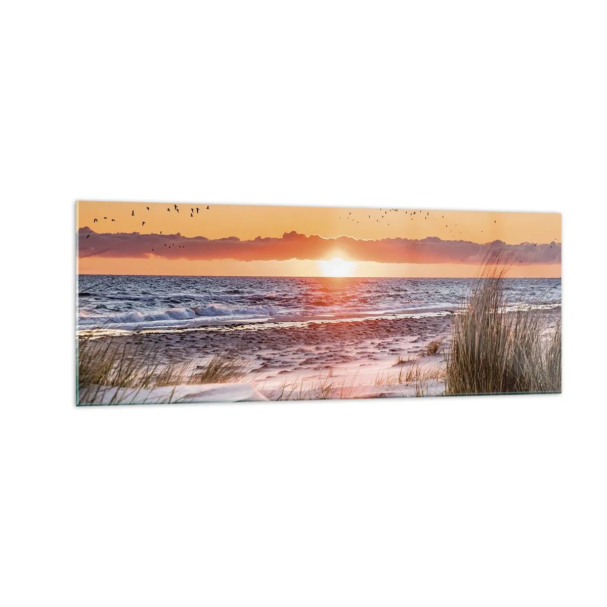 Impression sur verre - Image sur verre - Coucher de soleil sur la mer avec vue sur les dunes - 140x50cm - Paysage horizontal - Décoration murale moderne pour le salon et la chambre ARTTOR