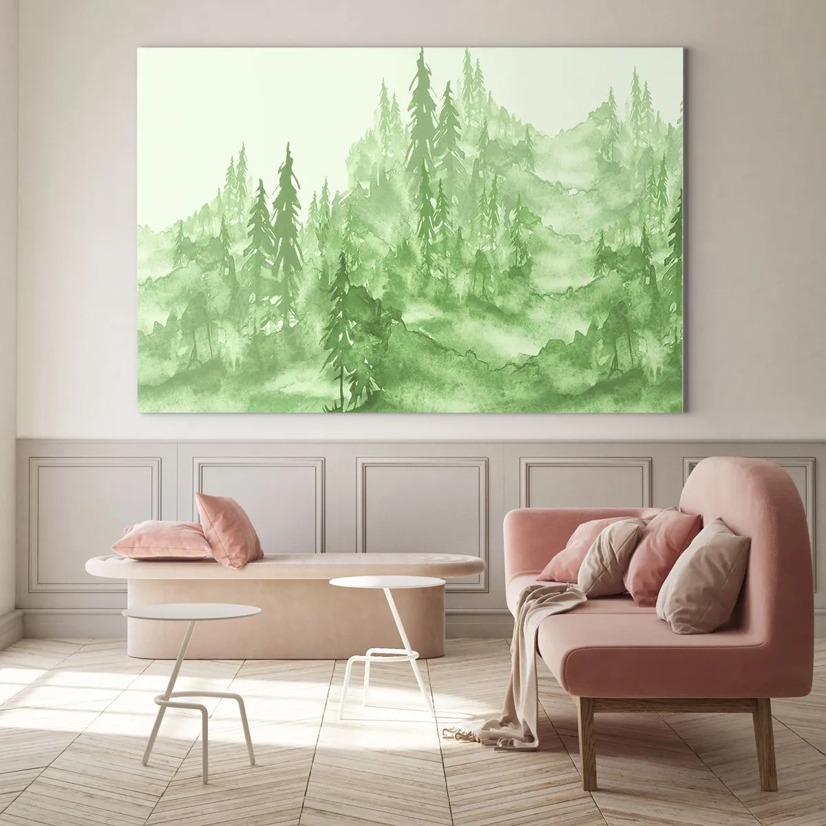 Impression sur verre - Image sur verre - Forêt verte dans un style aquarelle - 70x50cm - Flou de brouillard vert - Décoration murale moderne pour le salon et la chambre ARTTOR