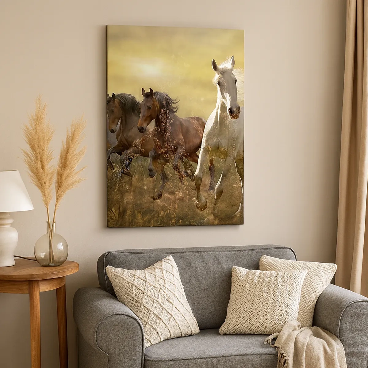Impression sur toile - Image sur toile - Un groupe de chevaux au galop sur fond de soleil couchant - 50x70cm - Vive la liberté! - Décoration murale moderne pour le salon et la chambre ARTTOR