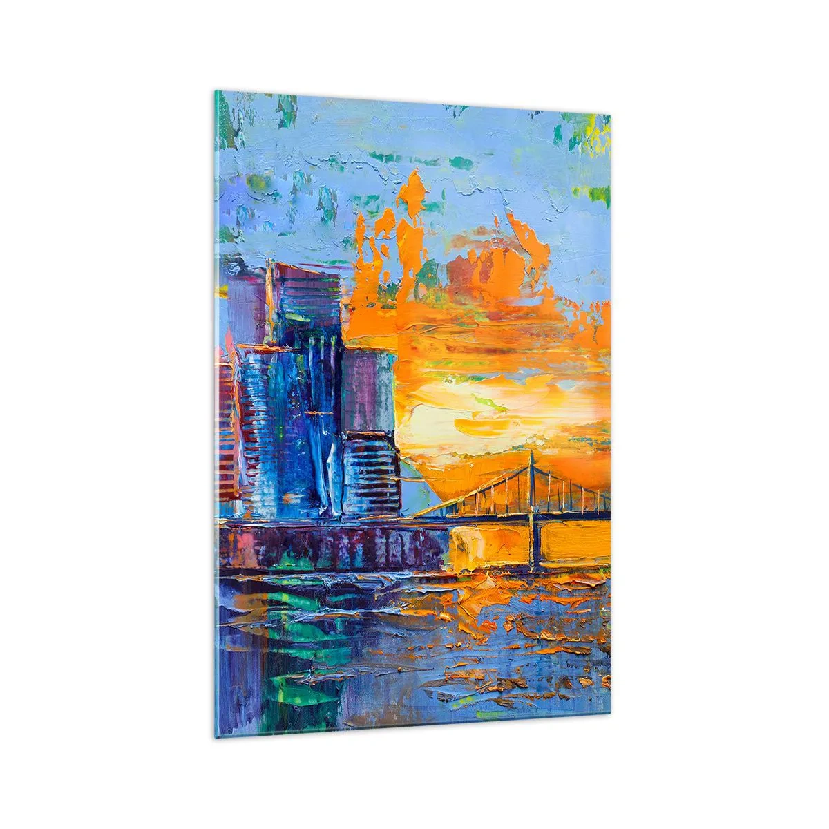 Impression sur verre - Image sur verre - Une ville colorée avec un pont au soleil couchant - 70x100cm - Culture et nature - Décoration murale moderne pour le salon et la chambre ARTTOR