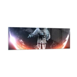 Impression sur verre - Image sur verre - Un astronaute flottant au-dessus d'une Terre éclairée par le soleil - 160x50cm - Puis-je rester un peu plus longtemps ? - Décoration murale moderne pour le salon et la chambre ARTTOR