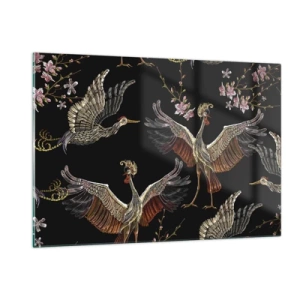 Impression sur verre - Image sur verre - Oiseaux en vol avec des fleurs sur fond noir, style rétro - 120x80cm - Un oiseau de conte de fées - Décoration murale moderne pour le salon et la chambre ARTTOR