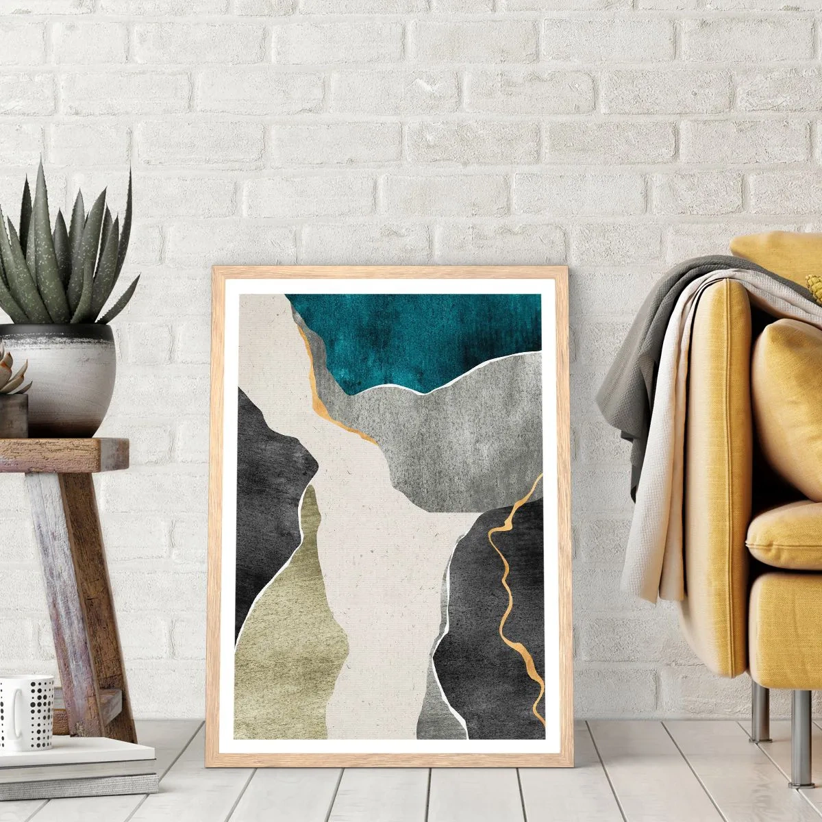 Affiche dans un chêne clair - Poster - Composition mosaïque avec un fil d'or - 61x91 cm