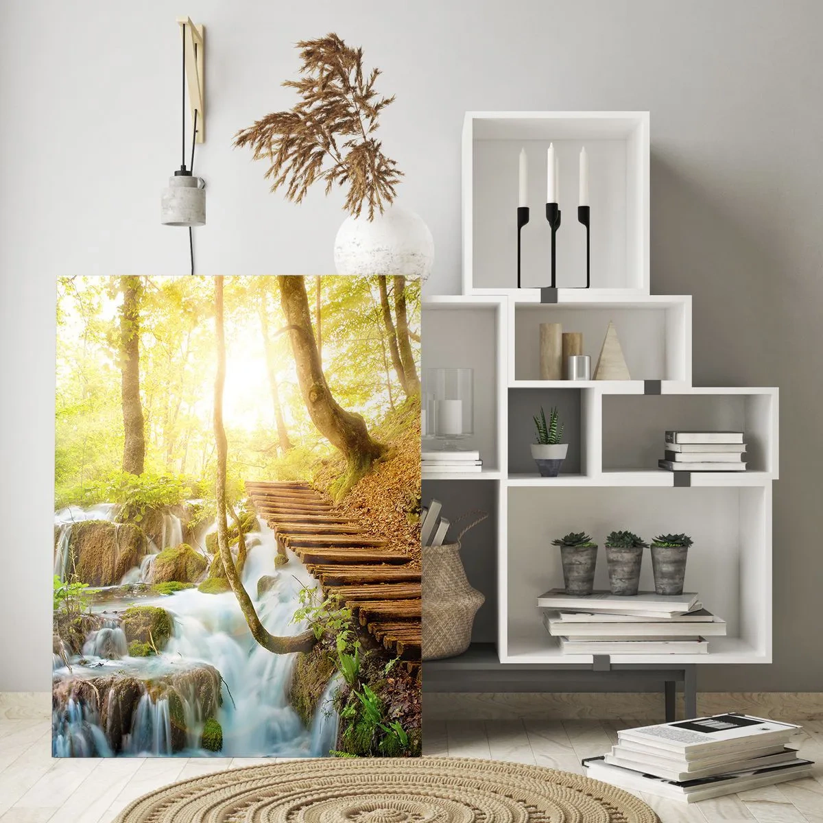 Impression sur verre - Image sur verre - Chemin forestier avec escaliers en bois près de la cascade - 70x100cm - Une fraîcheur tant désirée - Décoration murale moderne pour le salon et la chambre ARTTOR
