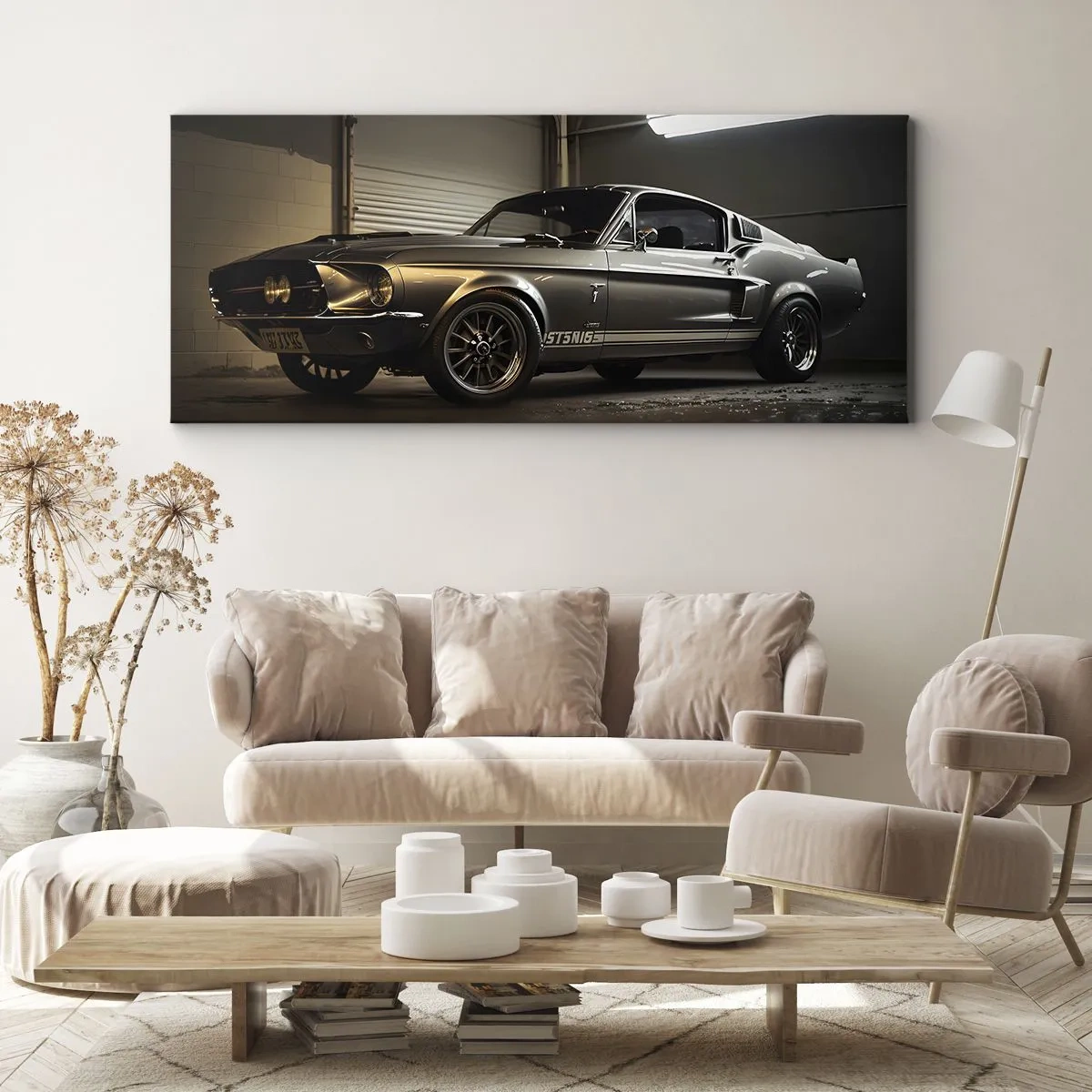 Impression sur toile - Image sur toile - Voiture classique dans un garage rétro - 140x50cm - Retour dans le passé - Décoration murale moderne pour le salon et la chambre ARTTOR