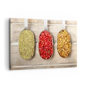 Impression sur toile - Image sur toile - Trois cuillères en métal avec des épices sur un fond en bois - 120x80cm - Magie de la cuisine - Décoration murale moderne pour le salon et la chambre ARTTOR