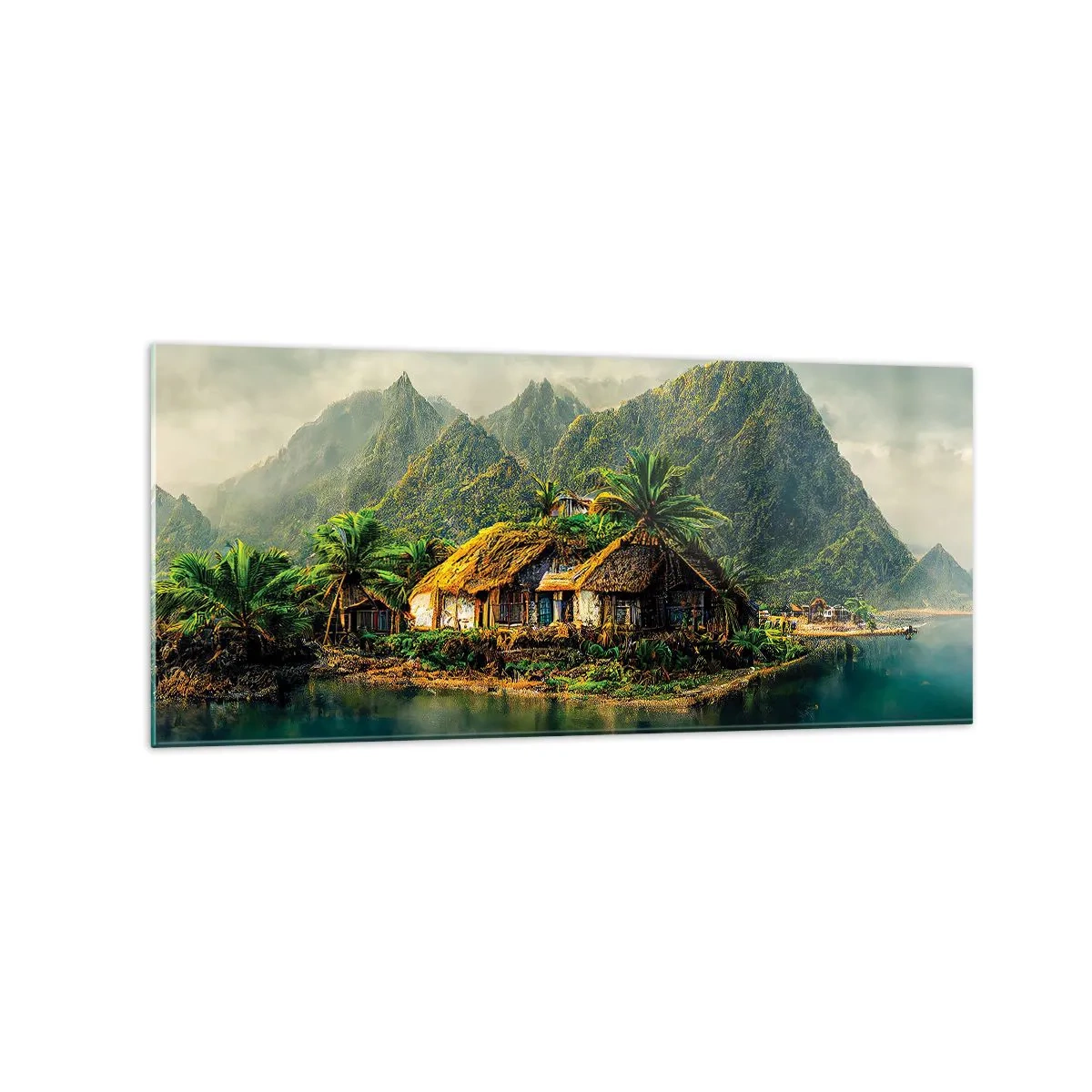 Impression sur verre - Image sur verre - Une île tropicale avec des palmiers et des montagnes en arrière-plan - 120x50cm - Paradis tropical - Décoration murale moderne pour le salon et la chambre ARTTOR