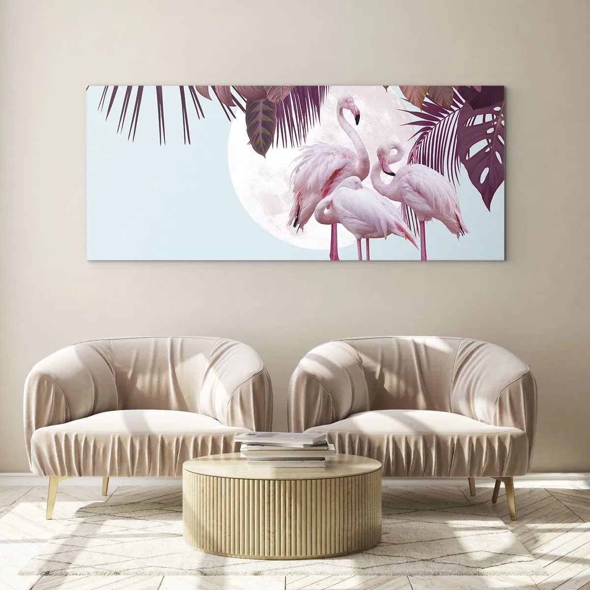 Impression sur verre - Image sur verre - Flamants roses sur fond de lune et de feuilles tropicales - 120x50cm - Trois oiseaux gracieux - Décoration murale moderne pour le salon et la chambre ARTTOR