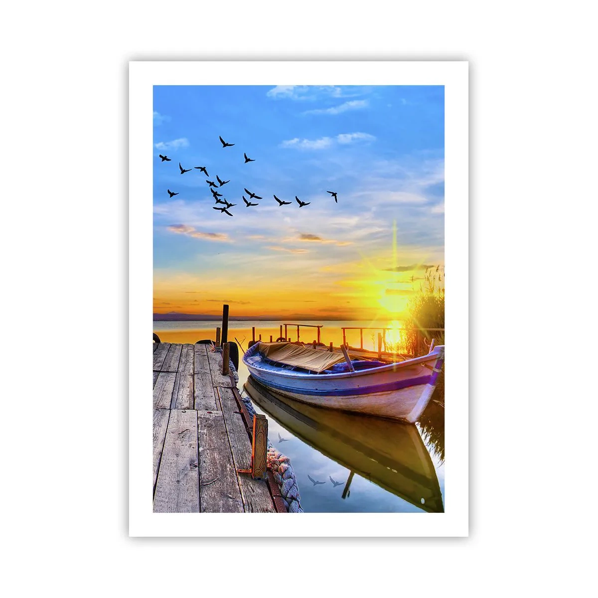 Affiche - Poster - Un bateau sur un lac au coucher du soleil avec des oiseaux en arrière-plan - 50x70cm - Au revoir, à demain - Décoration murale moderne pour le salon et la chambre ARTTOR