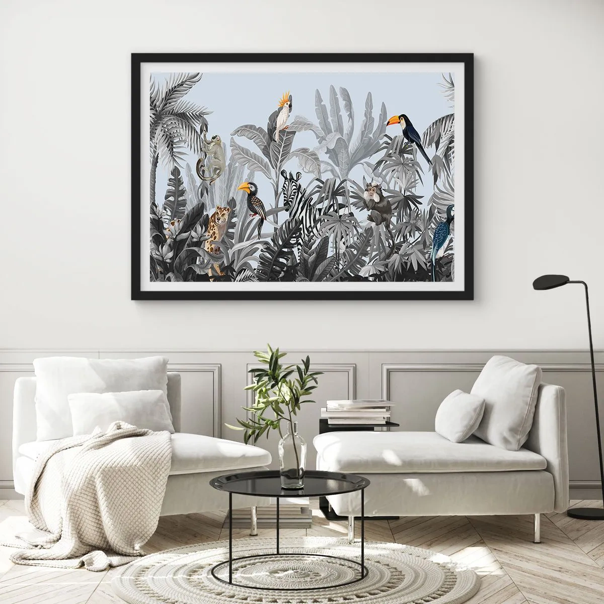 Affiche dans un cadre noir - Poster - Jungle tropicale avec des animaux exotiques sur fond gris - 70x50cm - Conte de fées africain - Décoration murale moderne pour le salon et la chambre ARTTOR