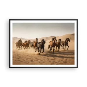 Affiche dans un cadre noir - Poster - Chevaux au galop sur fond de désert - 100x70cm - Libre comme le vent - Décoration murale moderne pour le salon et la chambre ARTTOR