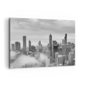 Impression sur toile - Image sur toile - Panorama de la ville avec des gratte-ciels dans les nuages en noir et blanc - 120x80cm - Paysage américain - Décoration murale moderne pour le salon et la chambre ARTTOR