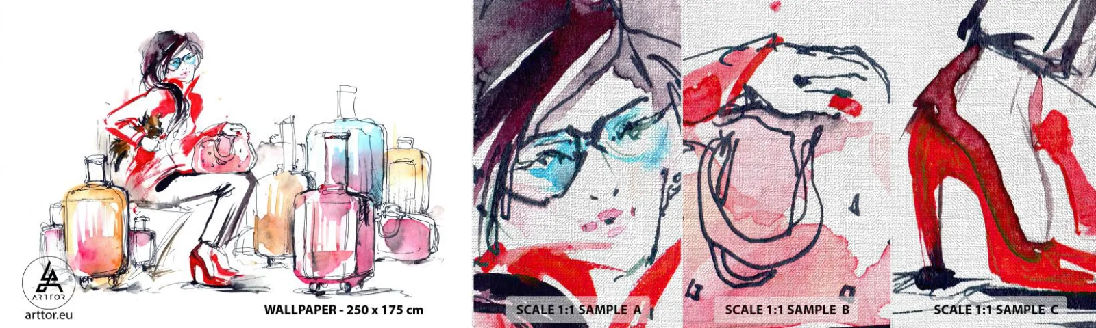 Échantillon de Papier Peint Premium Canvas - Asseyons-nous avant le voyage - Femme, Voyage, Valise - 100x30 cm