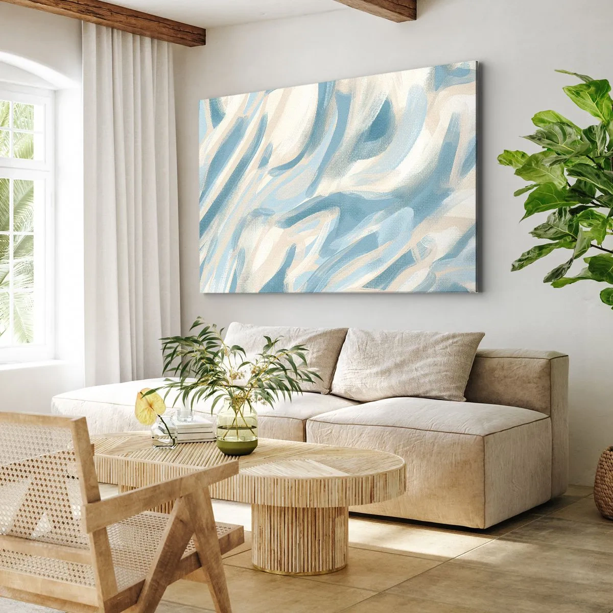 Impression sur toile - Image sur toile - Des stries bleues abstraites sur un fond clair - 120x80cm - Brise printanière - Décoration murale moderne pour le salon et la chambre ARTTOR